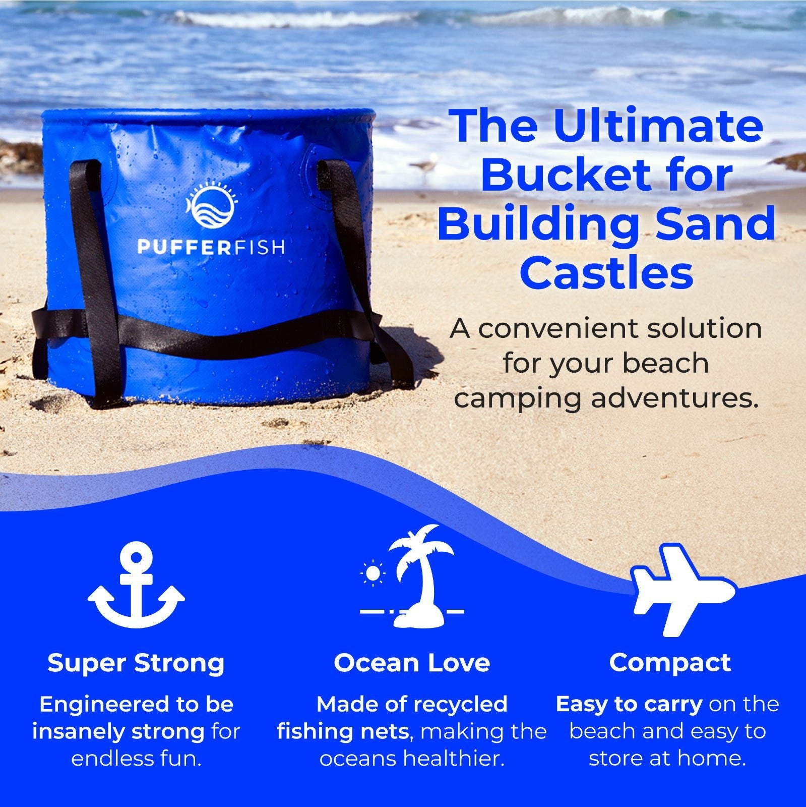 bucket unstead of fishing net PUFFERFISH Better Bucket | 16L Foldable Bucket | Made from Recycled Plastic | Build Sand Castles